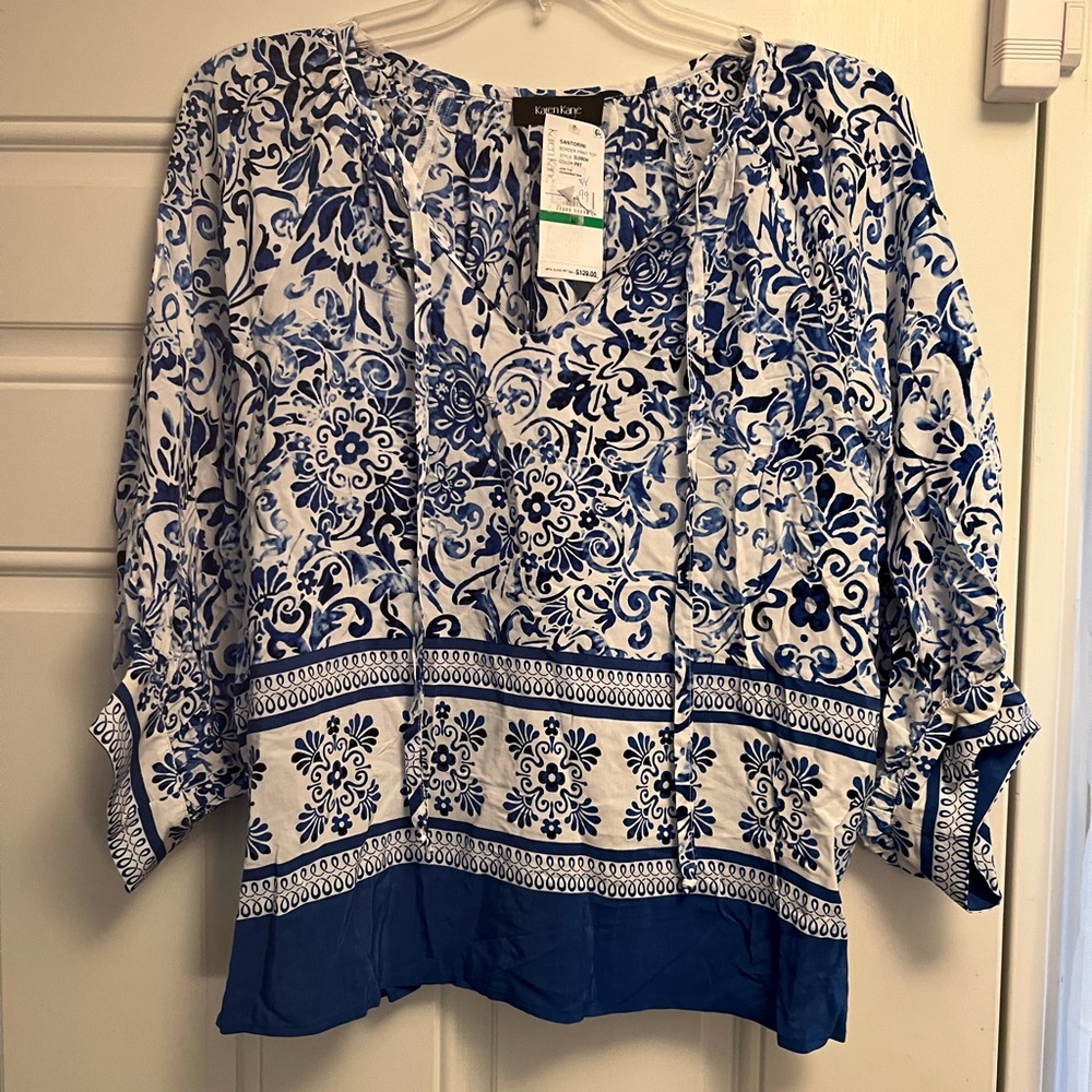 Karen Kane Blue n White Blouse NEW w/Tags